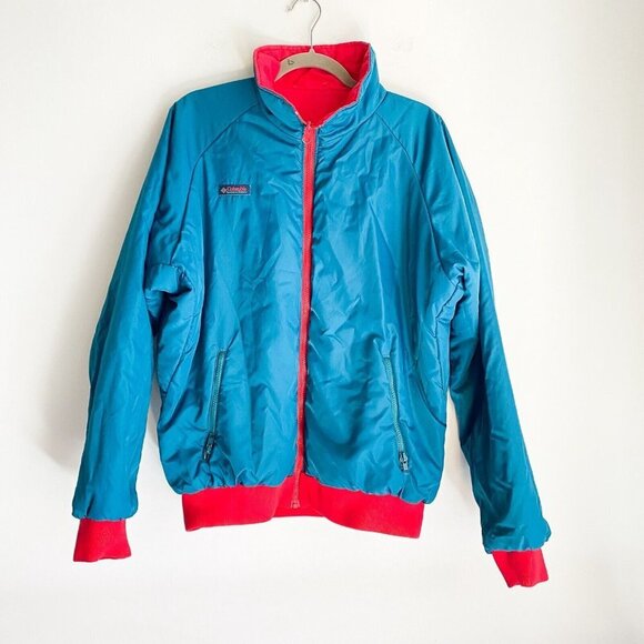 Vintage Columbia Reversible Red Teal men's Classic Nylon Bomber Jacket L - Picture 2 of 11
